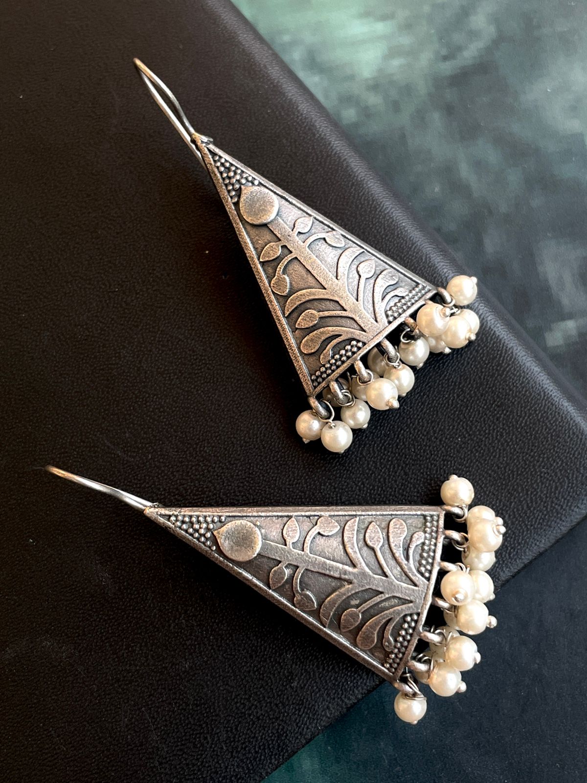 Oxidized Triangular Beaded Earring