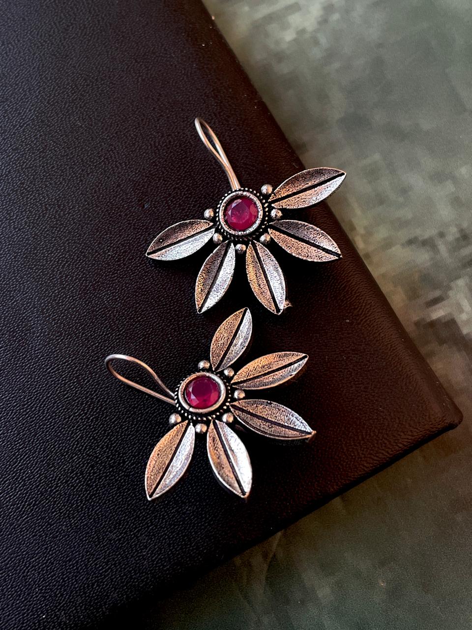 Half Flower Oxidized Ethnic Stud Earring