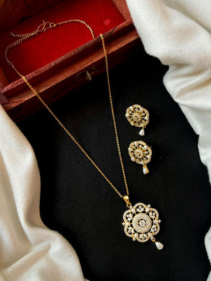 AD stone with Pearl Pendant and Earring Partywear set