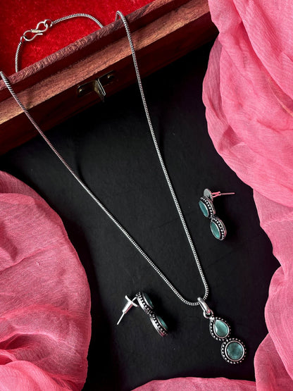 Monalisa Stone Oxidize Pendant Chain Necklace with Earring set