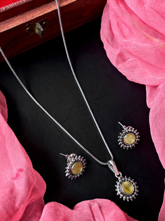 Monalisa Stone Oxidize Pendant Chain Necklace with Earring set
