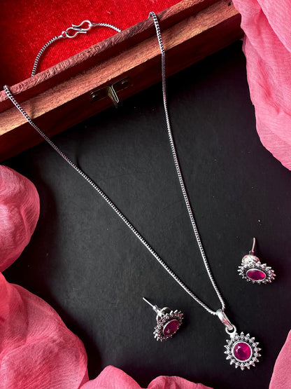 Monalisa Stone Oxidize Pendant Chain Necklace with Earring set