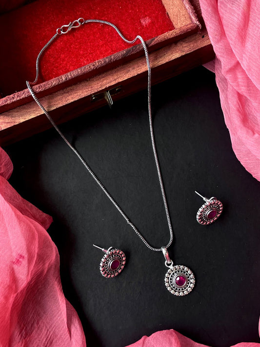 Monalisa Stone Oxidize Pendant Chain Necklace with Earring set