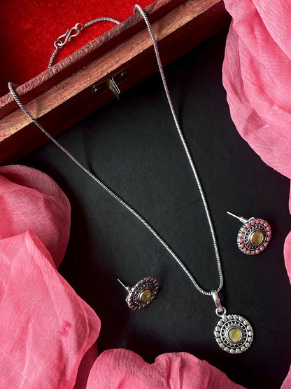 Monalisa Stone Oxidize Pendant Chain Necklace with Earring set