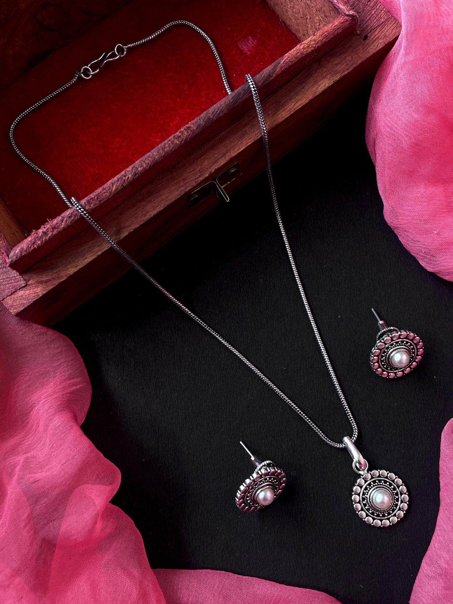 Monalisa Stone Oxidize Pendant Chain Necklace with Earring set