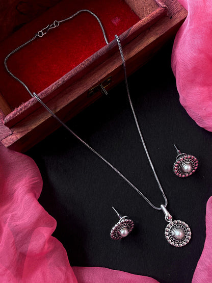 Monalisa Stone Oxidize Pendant Chain Necklace with Earring set