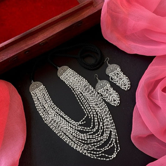 Silver Replica Seventeen Layered Beaded Necklace with Earring set