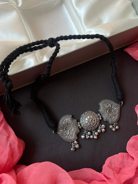 Black Polish Oxidized Choker Necklace with Adjustable Dori
