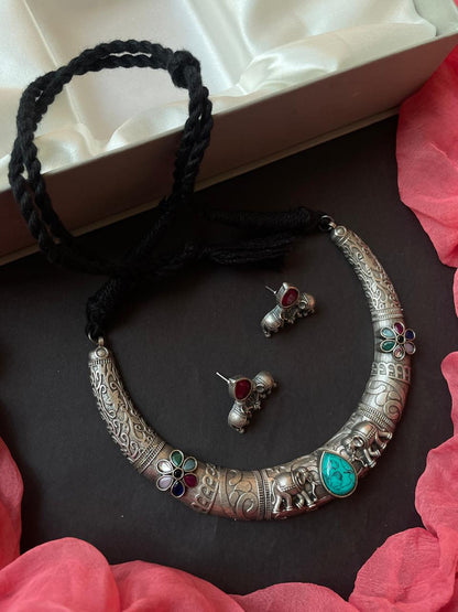 Monalisa Stone Oxidized Choker with Earring set