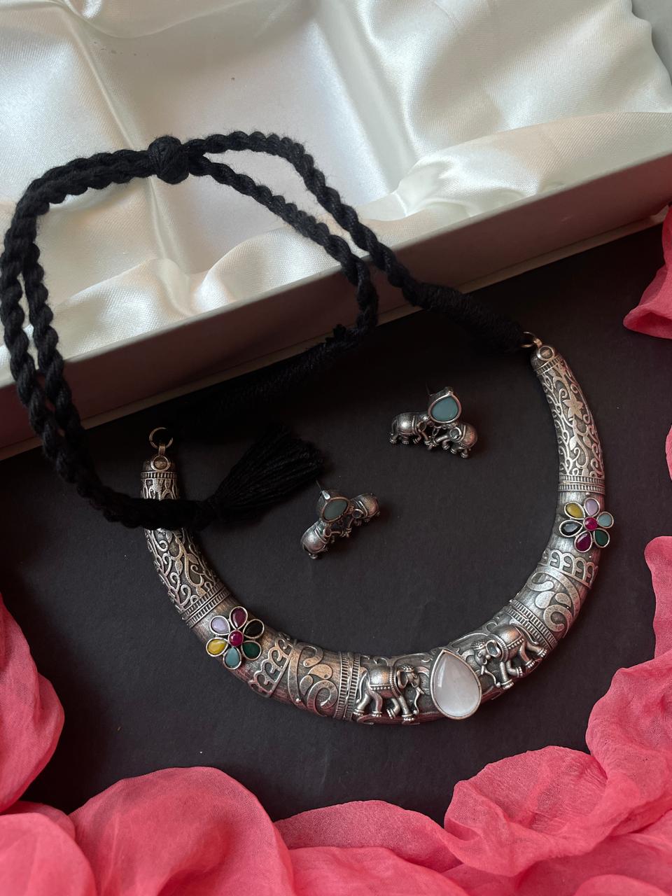 Monalisa Stone Oxidized Choker with Earring set