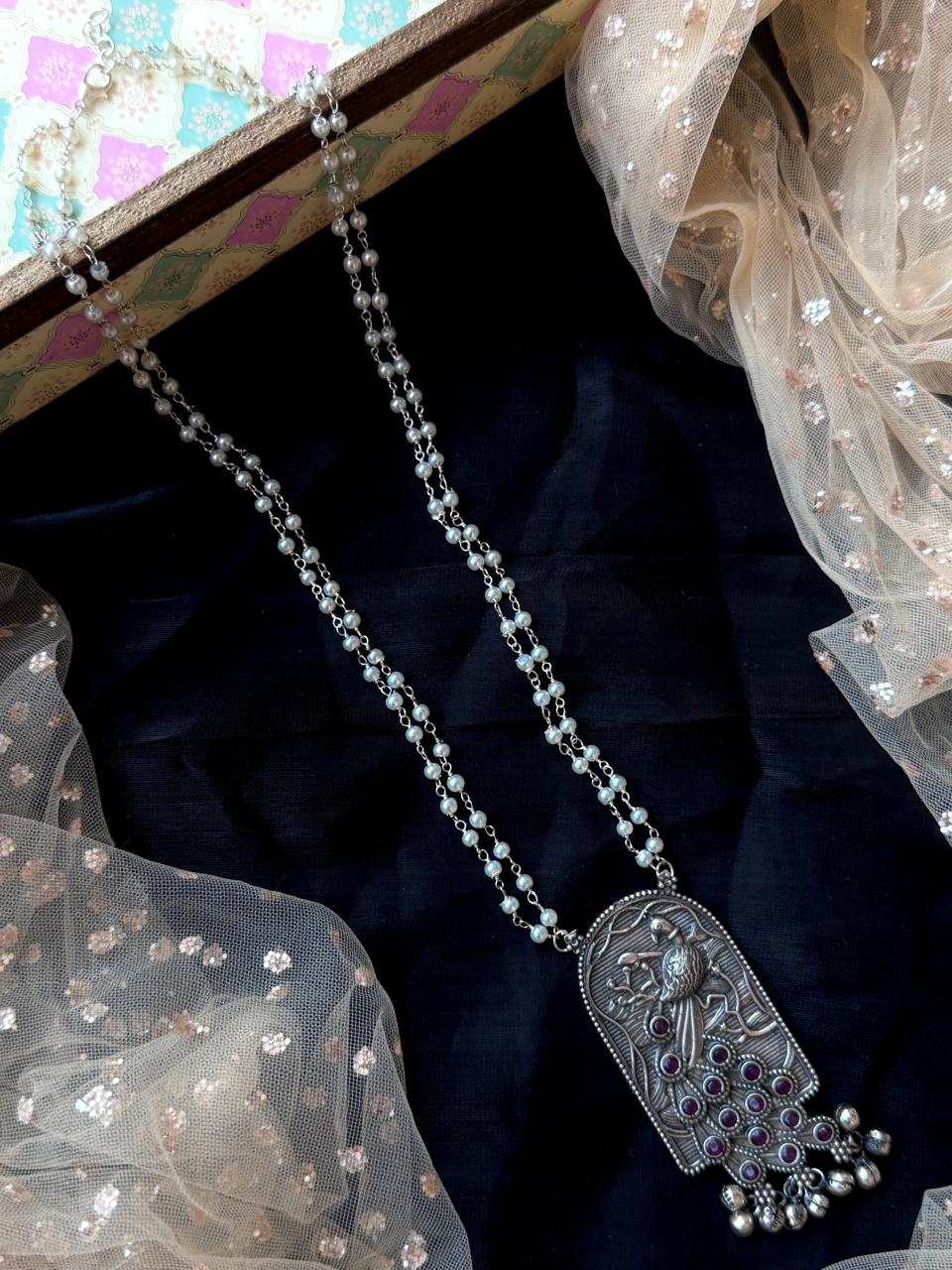 Peacock Oxidized Pendant Beaded Chain Necklace
