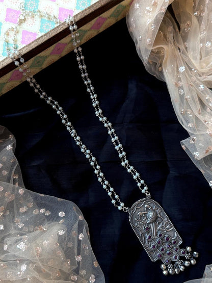 Peacock Oxidized Pendant Beaded Chain Necklace