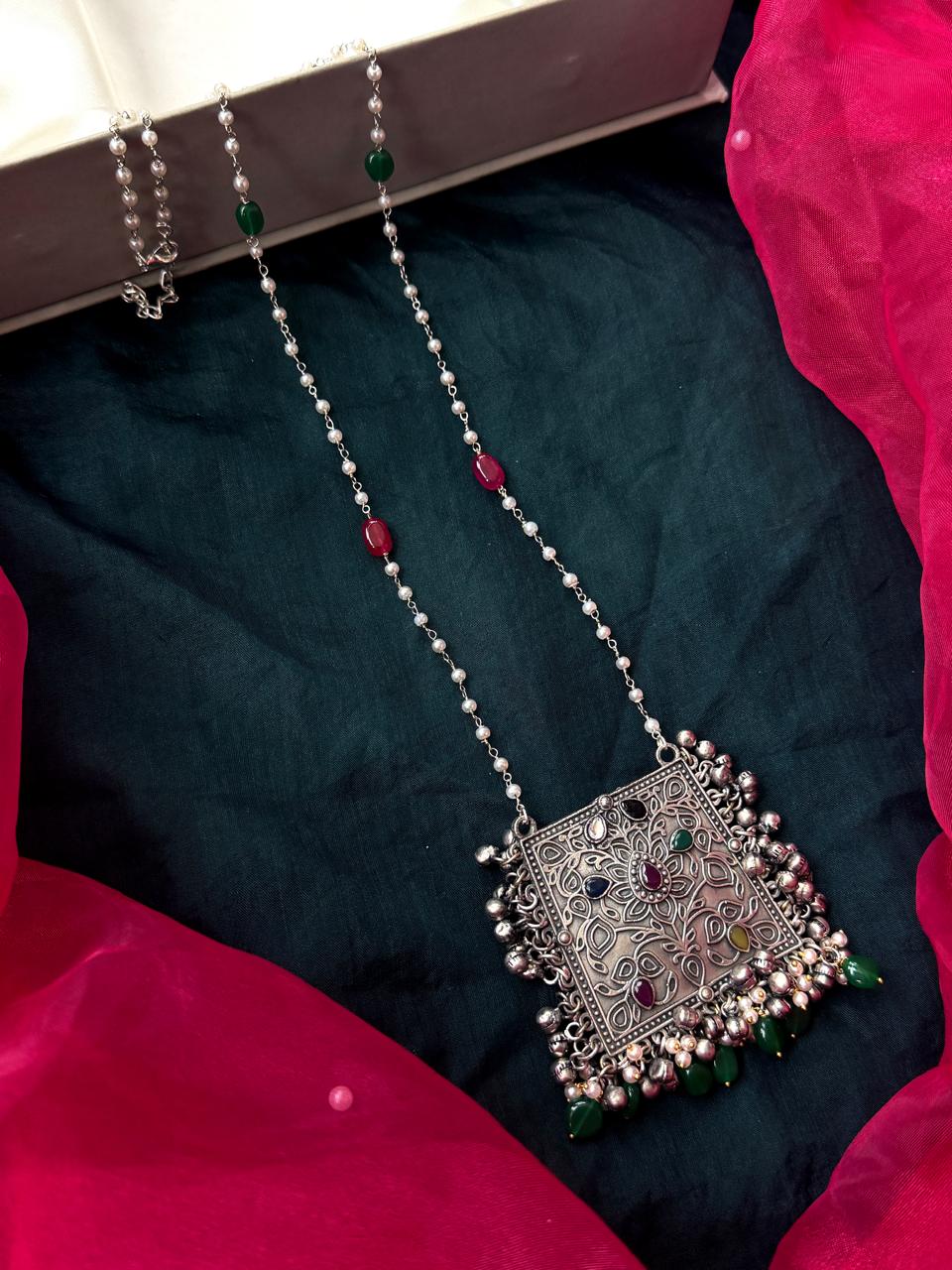 Oxidized Pendant Beaded Chain Necklace