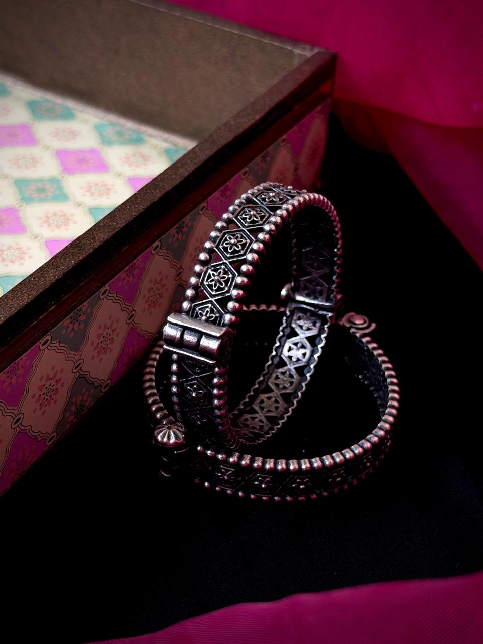 Oxidized Silver Replica Bangle Kada set (Pair of 2)