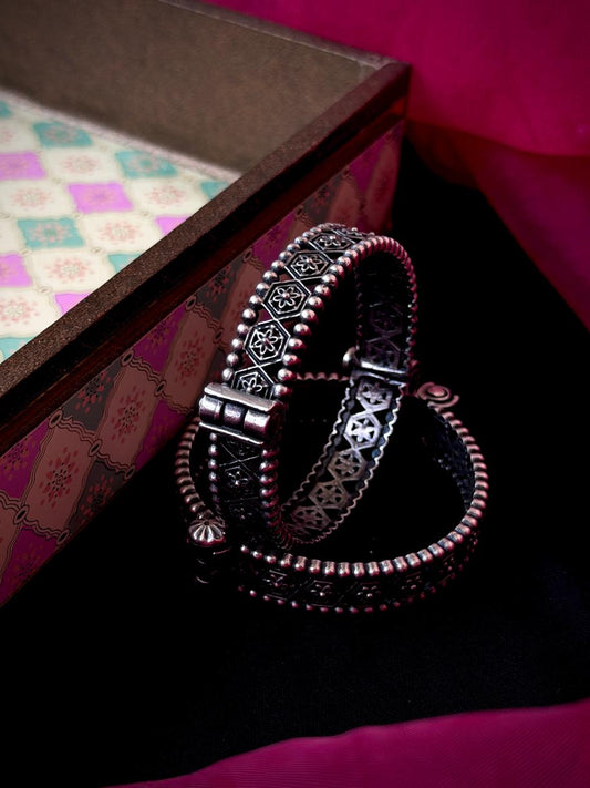 Oxidized Silver Replica Bangle Kada set (Pair of 2)