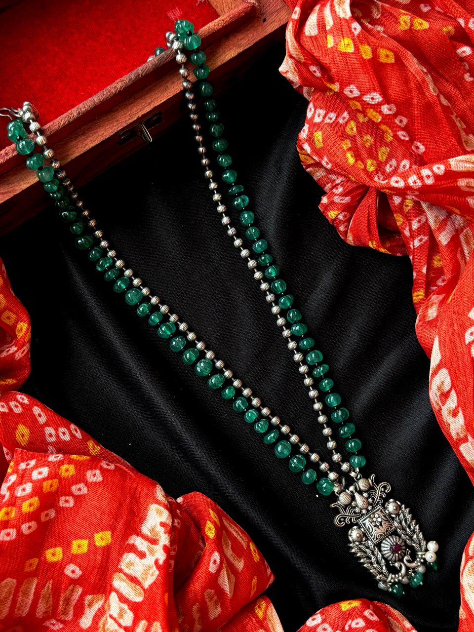 Monalisa Pumpkin Beaded Oxidized pendant Chain Necklace