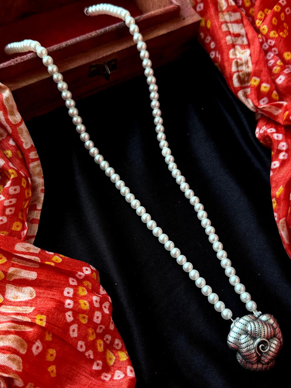 Oxidized Ganesha Pendant Pearl Mala Necklace