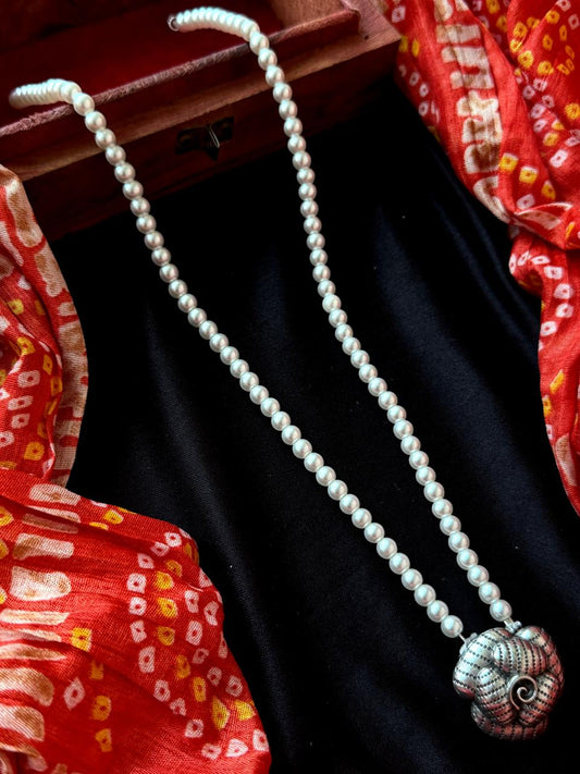 Oxidized Ganesha Pendant Pearl Mala Necklace