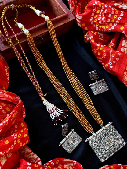 Oxidized Pendant Beaded Multi Layered Mala Necklace and Earring set
