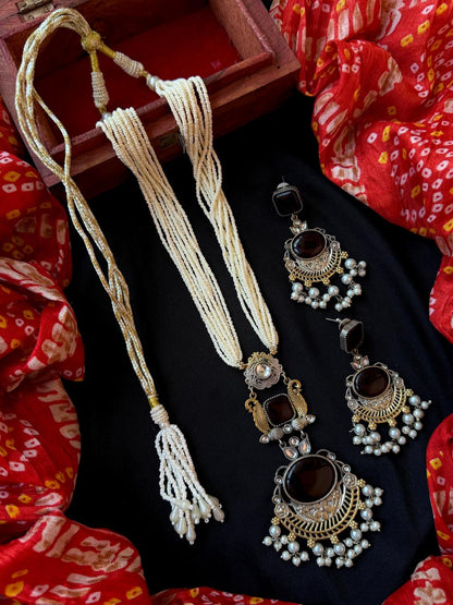Dual Tone Monalisa Stone Pendant Beaded Mala Necklace with Earring set