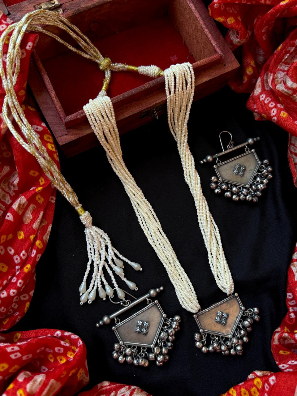 Oxidized Pendant Beaded Multi Layered Mala Necklace with Earring set