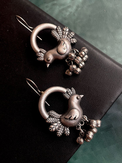 Bird Shape round Oxidized Earring with Ghunghroo