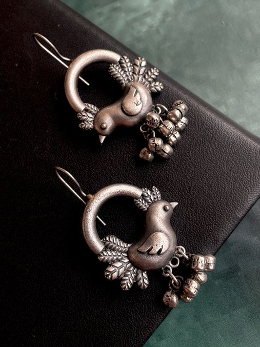 Bird Shape round Oxidized Earring with Ghunghroo