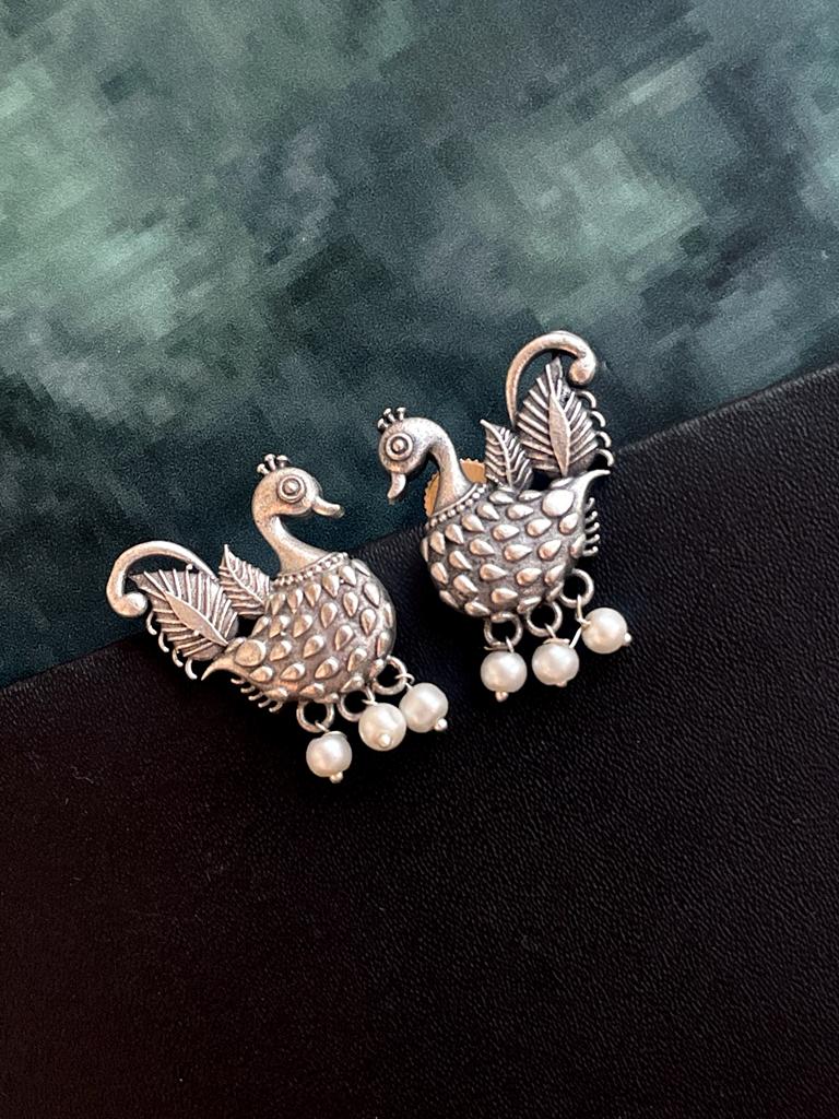Trendy Oxidized Silver Peacock Design Stud Earring