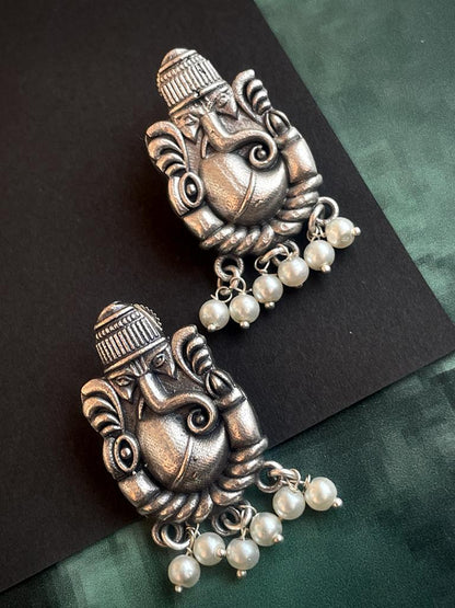 Silver Plated Oxidized Ganesha Design stud Design