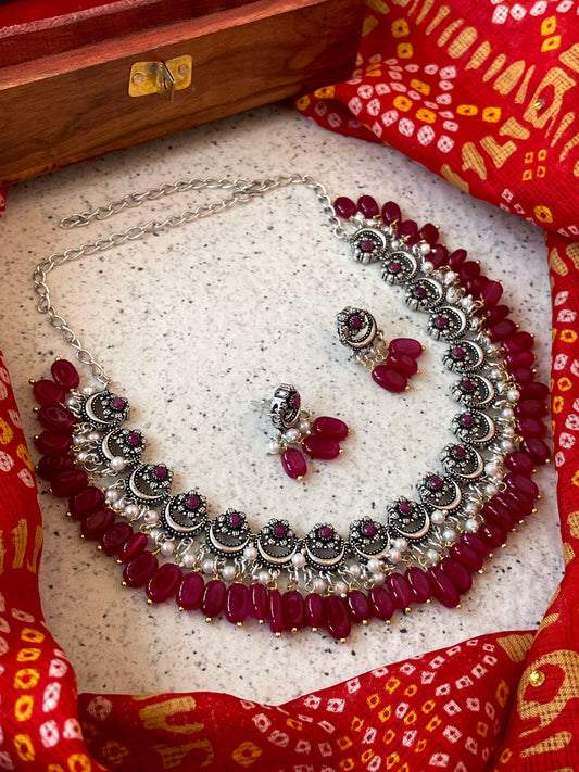 Jade Stone Beaded Oxidized Choker with Earring set