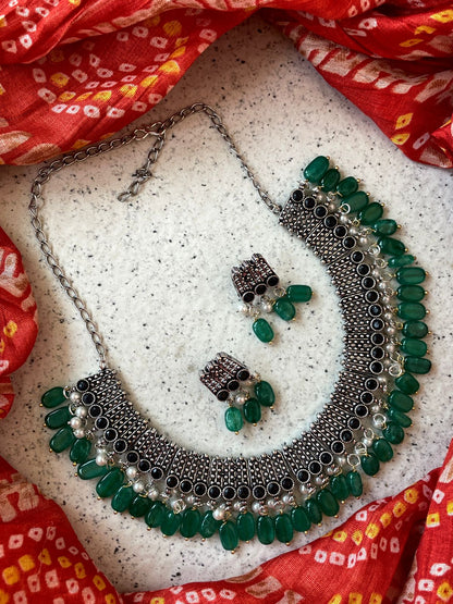 Jade Stone with Cheer Oxidized Choker Necklace with Earring Set
