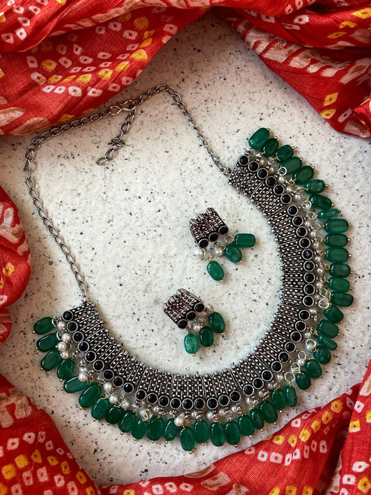 Jade Stone with Cheer Oxidized Choker Necklace with Earring Set