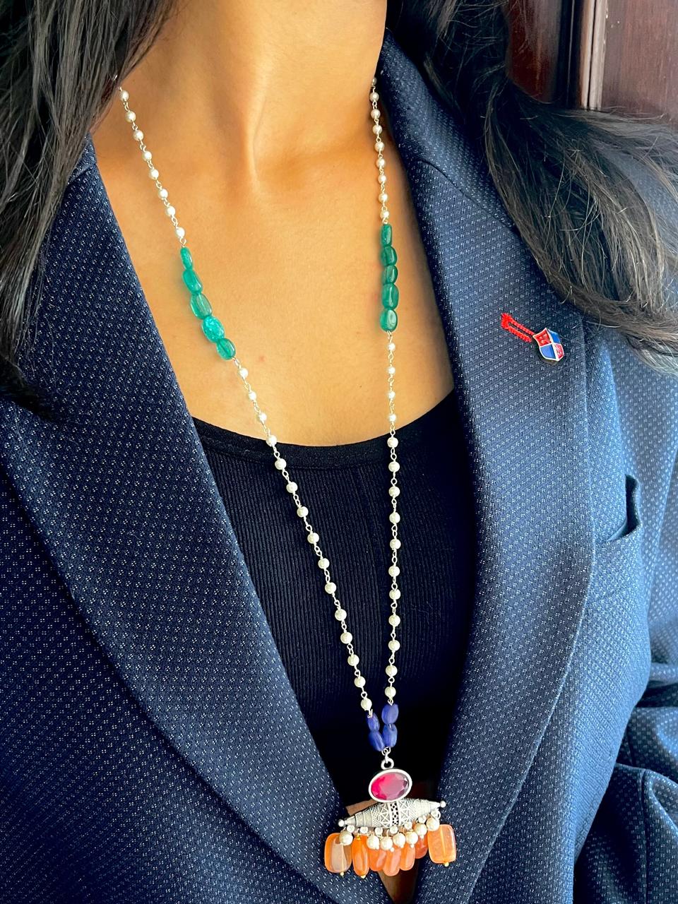 Jade Stones Oxidized Pendant Beaded Chain Necklace