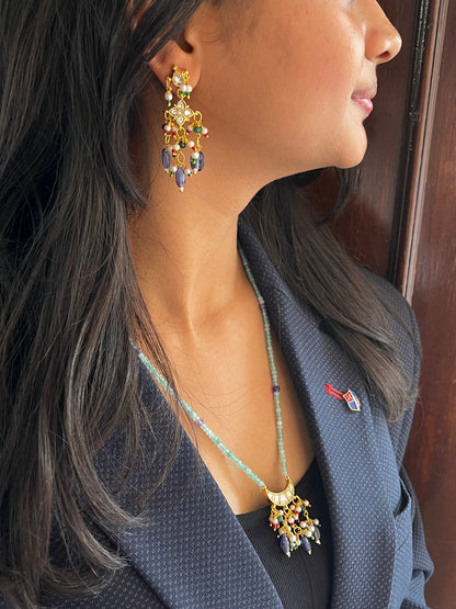 Kundan with Stone Beads Pendant Mala Necklace and Earring set