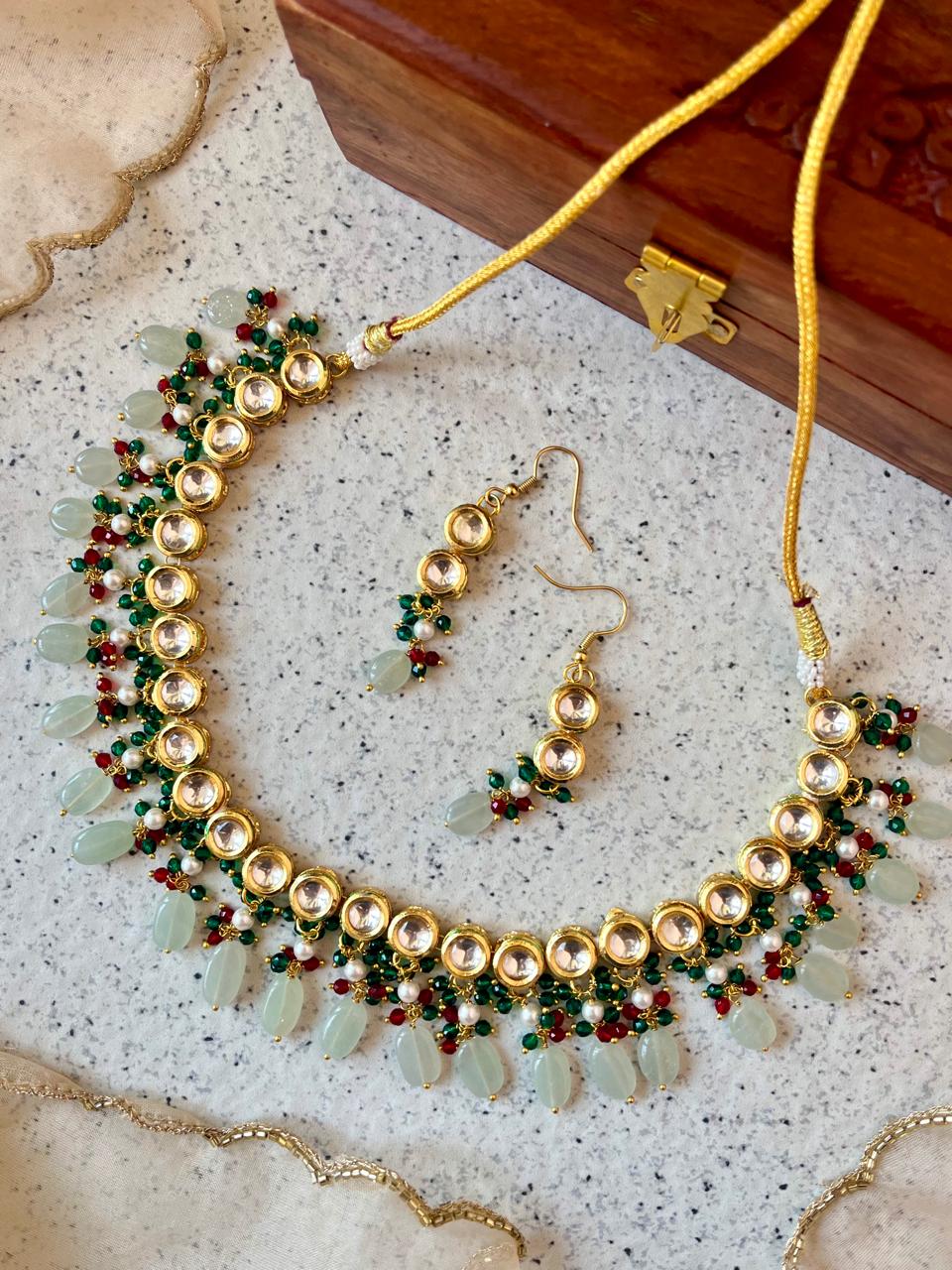 Kundan with Stones beads and Cheer Choker with Earring set