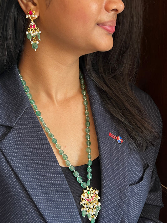 Kundan with Strawberry Stone Beads Pendant and Mala Necklace and Earring Set