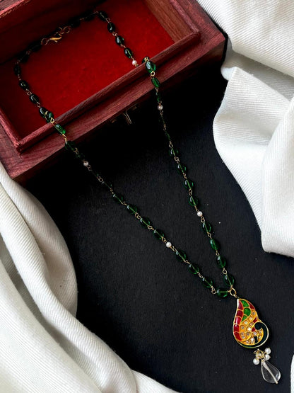 Lakh Pendant with Jade Stone Beads Chain Necklace