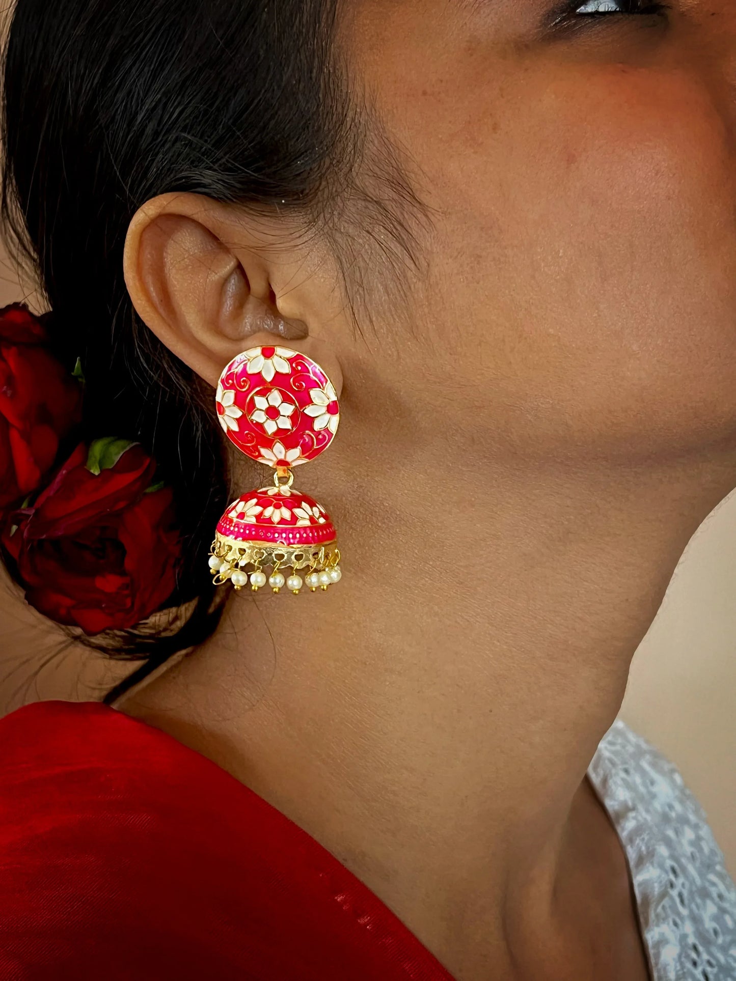 Meenakari Flower Print Top Jhumki Earring