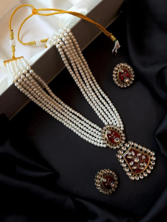 Meenakari Pendant Beaded Mala Necklace with Earring set