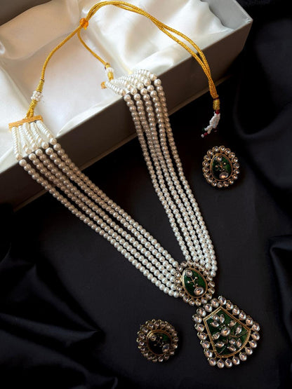 Meenakari Pendant Beaded Mala Necklace with Earring set