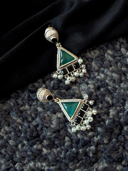 Monalisa Stone Beaded Geometrical Silver Replica Earring