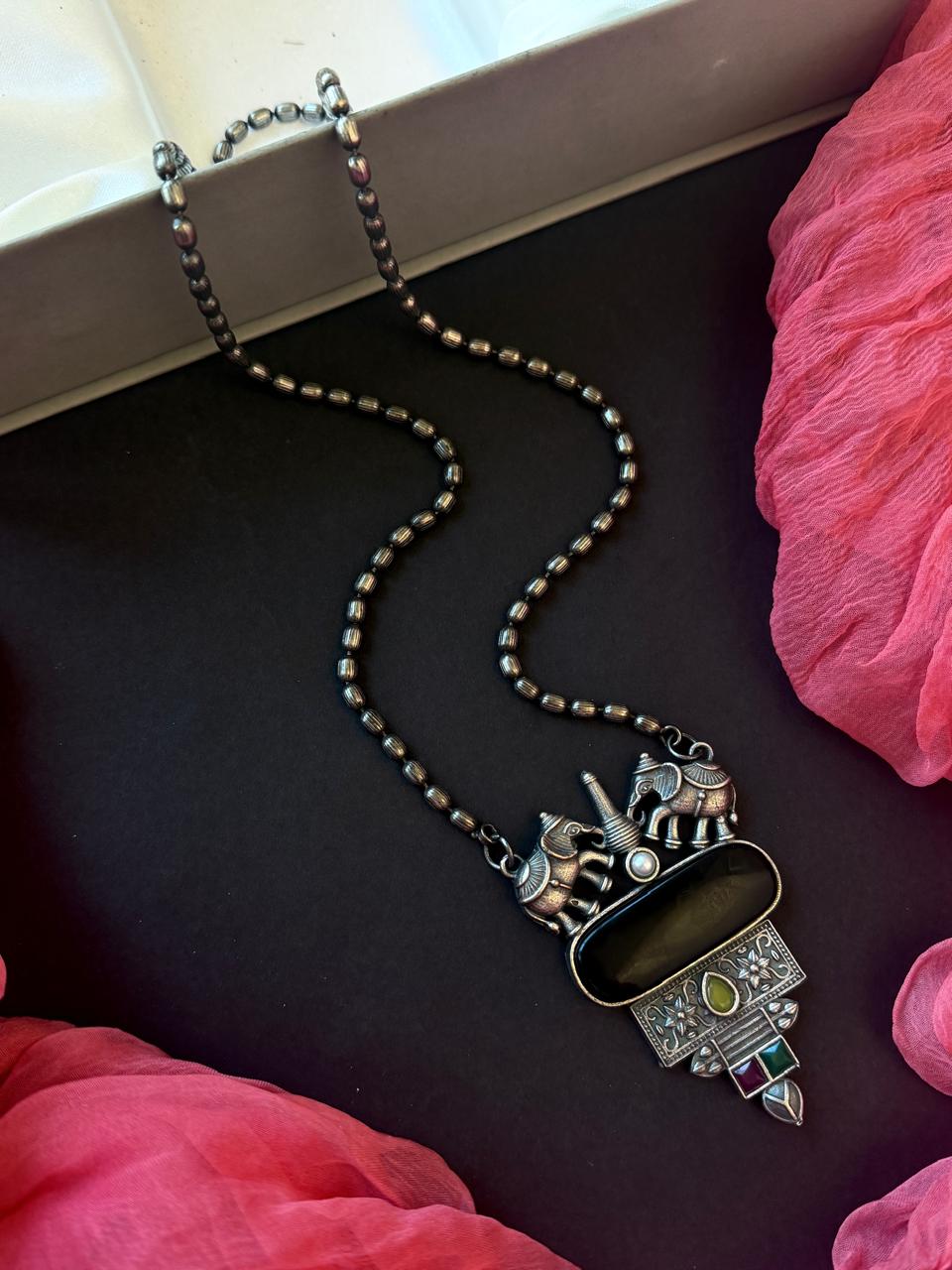 Monalisa Stone Big Pendant Oxidized Chain Necklace