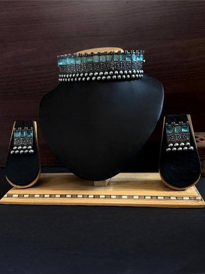 Monalisa Stone Black Polish Partywear Oxidized Choker with Earring set