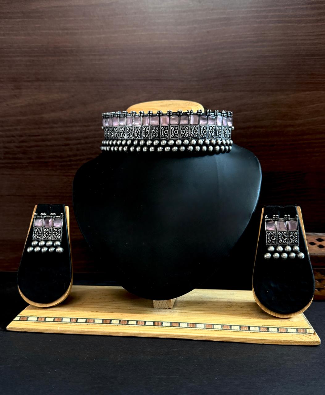 Monalisa Stone Black Polish Partywear Oxidized Choker with Earring set