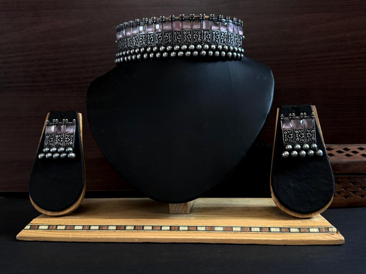 Monalisa Stone Black Polish Partywear Oxidized Choker with Earring set