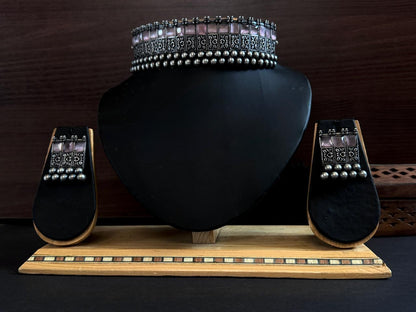 Monalisa Stone Black Polish Partywear Oxidized Choker with Earring set
