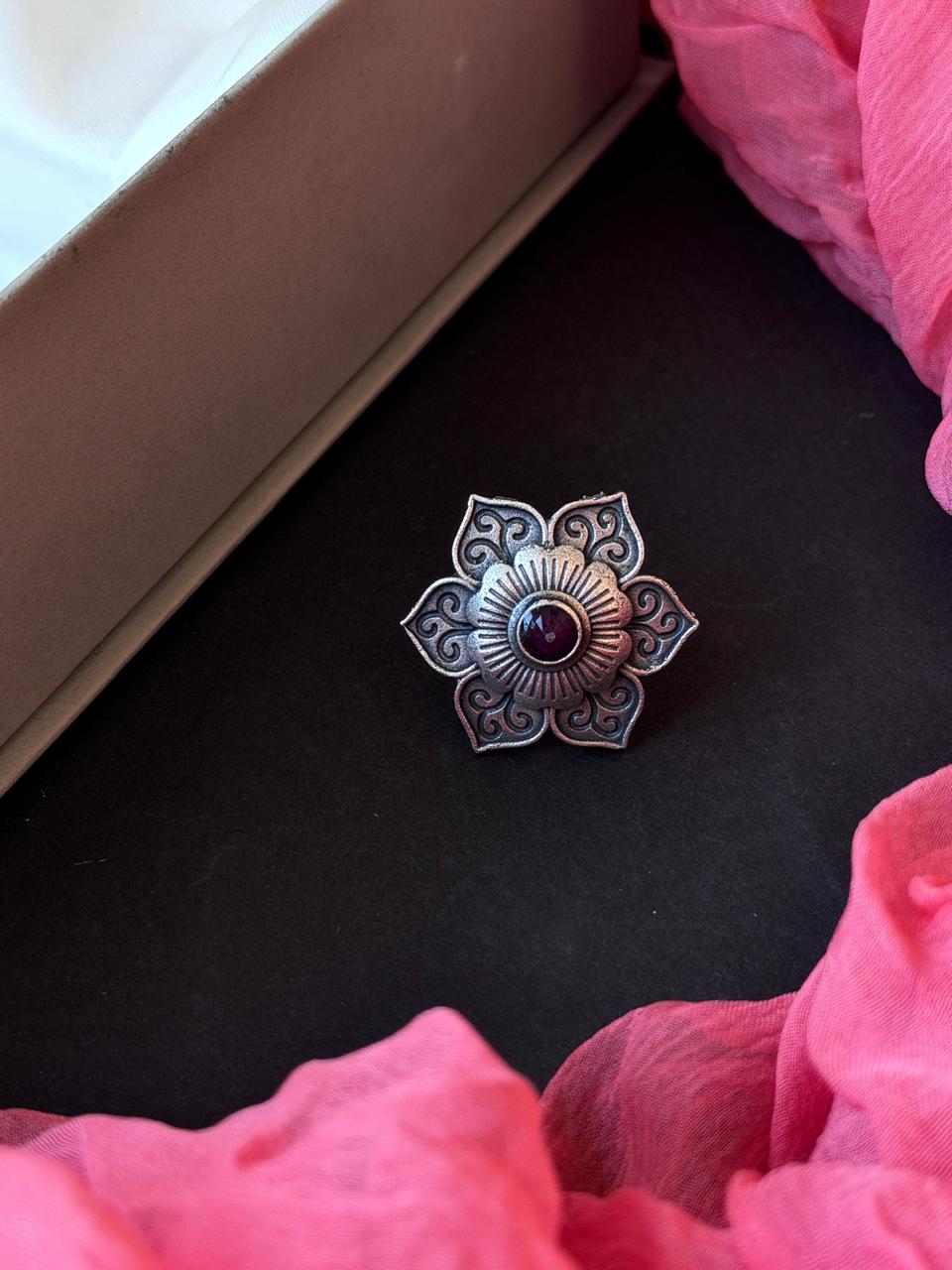 Monalisa Stone Floral Oxidized Ring