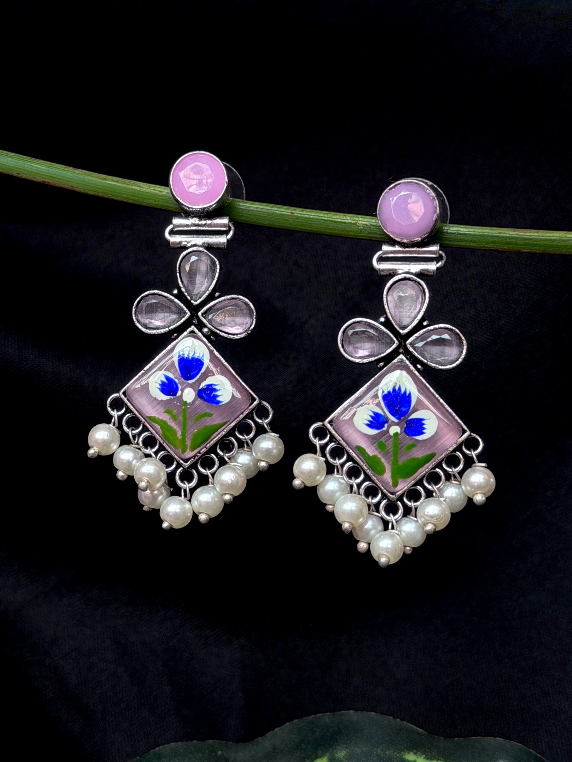 Monalisa Stone Hand Painted Partywear Silver Replica Earring