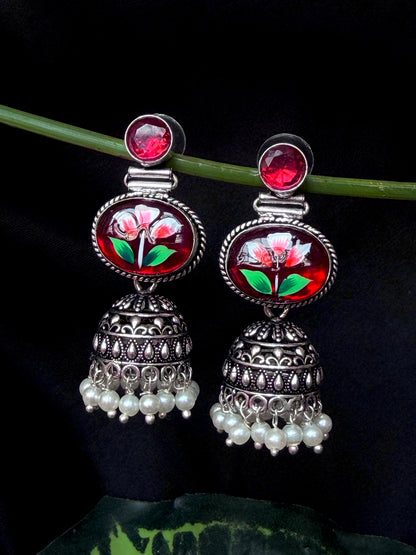 Monalisa Stone Hand Painted Top Silver Replica Jhumki Earring