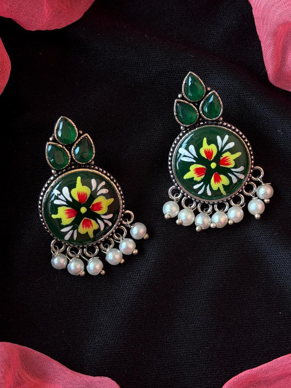 Monalisa Stone Hand Paited Beaded Round Earring